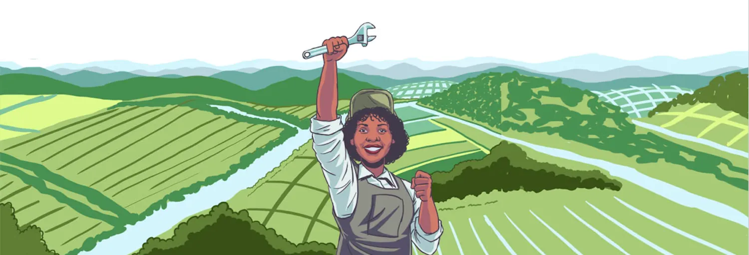 Green Army cartoon view of powerful woman in field